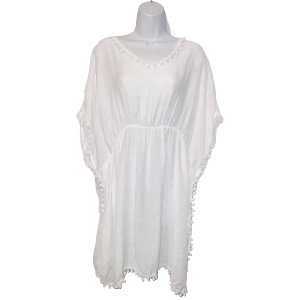 ✨NEW✨ Pom Pom Boho White Beach Swimsuit Side Slits CoverUp Top - OS - Picture 9 of 10